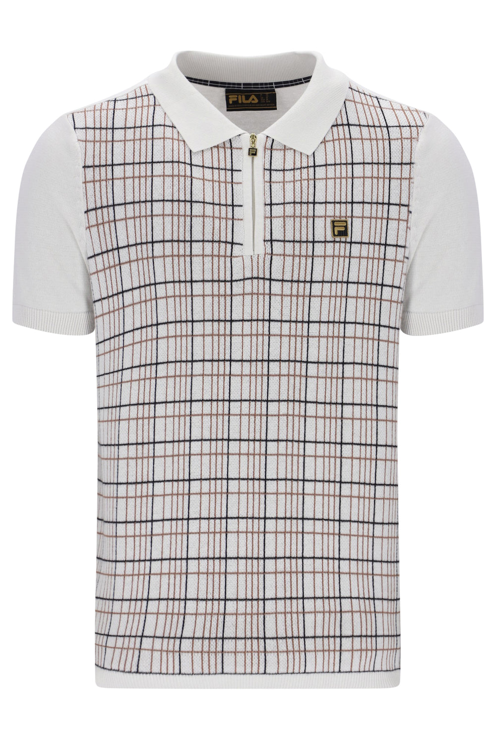 Displays the White 'FILA' branded Down Enzo Knitted Check Zip Polo