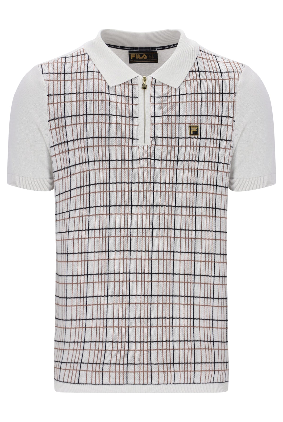 Displays the White 'FILA' branded Down Enzo Knitted Check Zip Polo