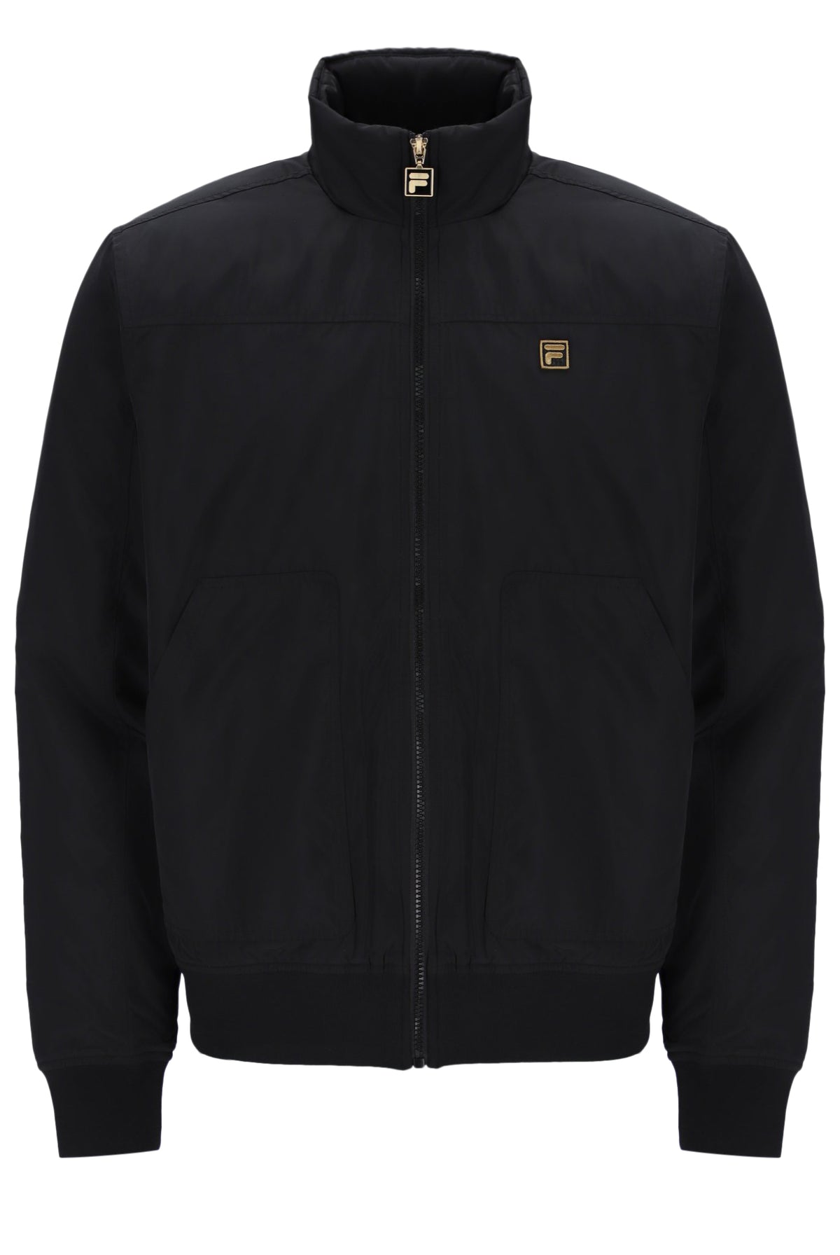 Displays the Black 'FILA' branded Etton Bomber Jacket