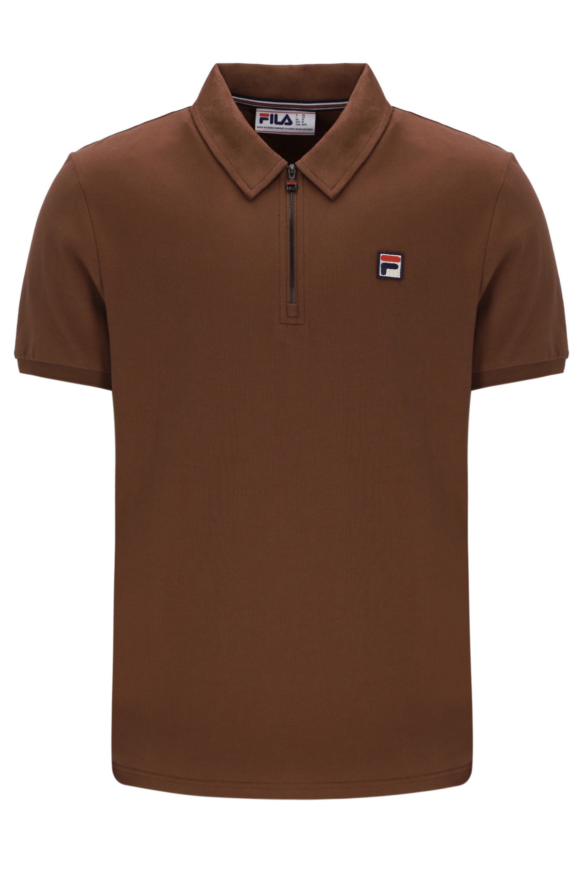 Brown polo shirt with Fila logo on a white background