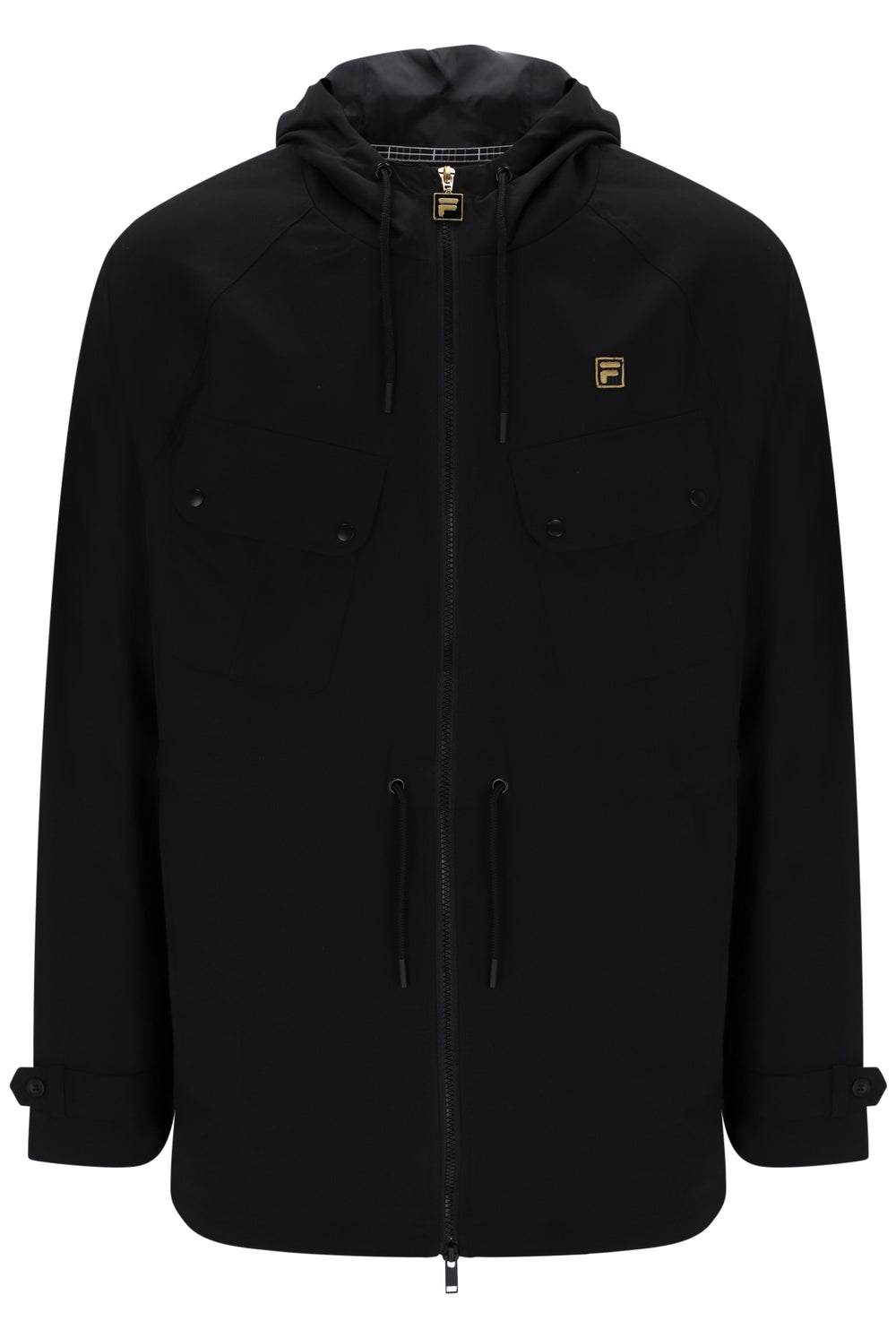 A black hooded zip-up jacket with a small gold Fila logo on the left chest, displayed on a clean white background.