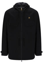 A black hooded zip-up jacket with a small gold Fila logo on the left chest, displayed on a clean white background.