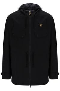 A black hooded zip-up jacket with a small gold Fila logo on the left chest, displayed on a clean white background.