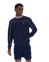 Displays a model wearing the Navy 'FILA' Federico Tipped Neck Track Top