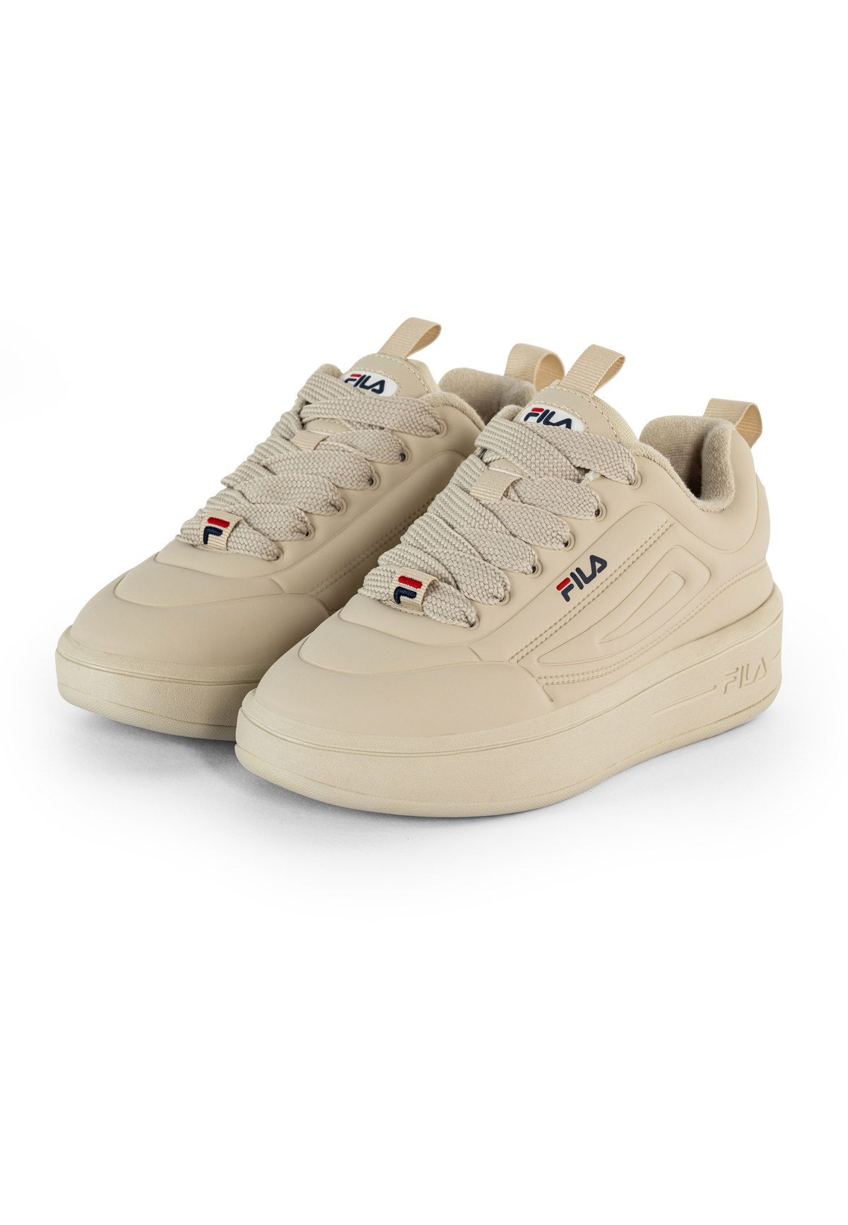 A pair of beige FILA Superbubble Trainers with lace-up closure and the FILA logo visible on the side.