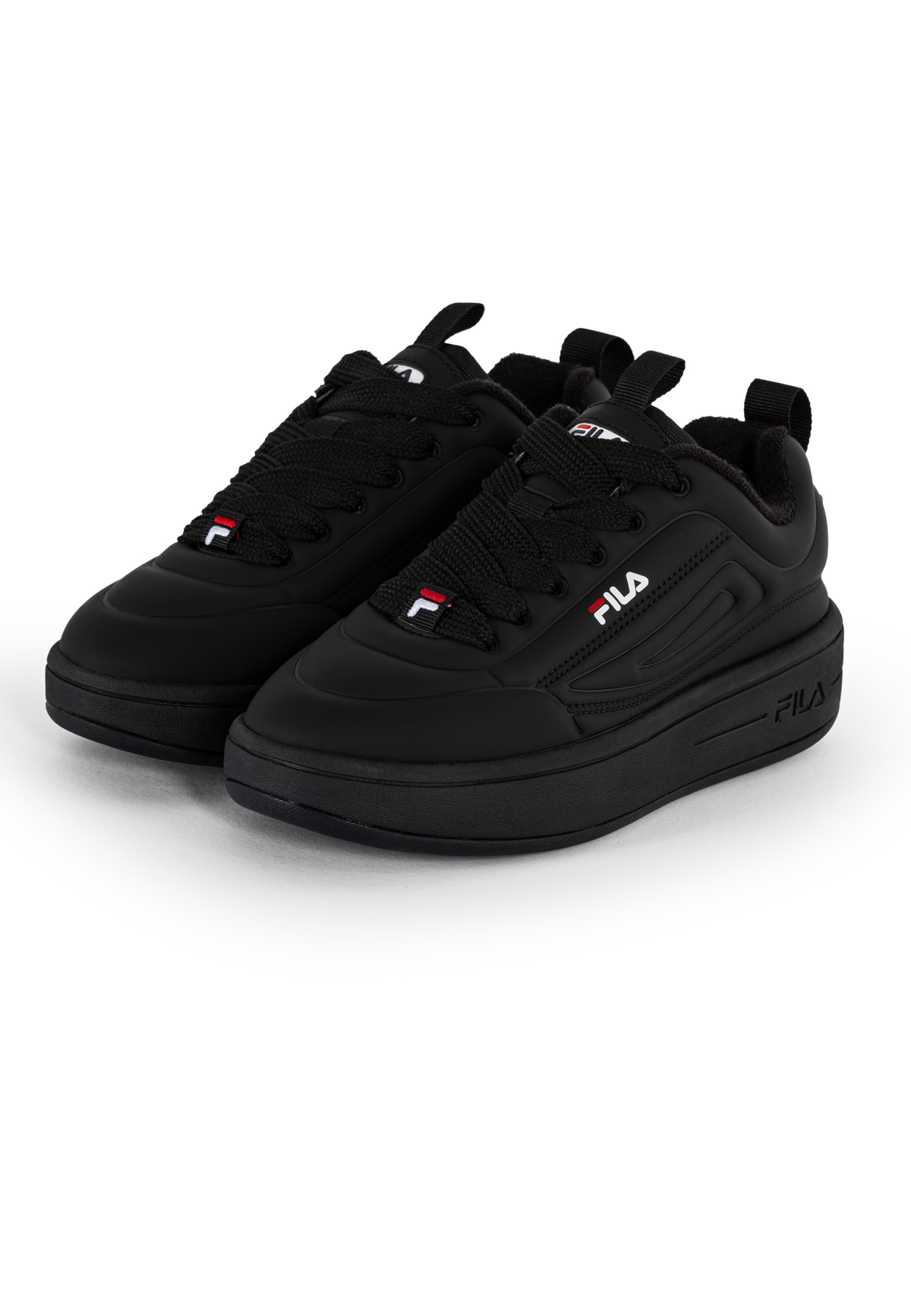 A pair of black FILA Superbubble Trainers with a chunky sole and FILA logo branding.