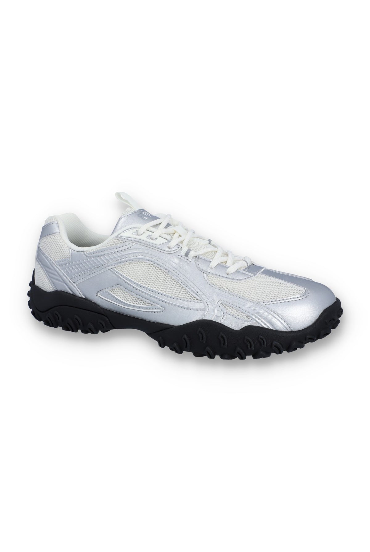 White athletic shoe with black sole on a white background