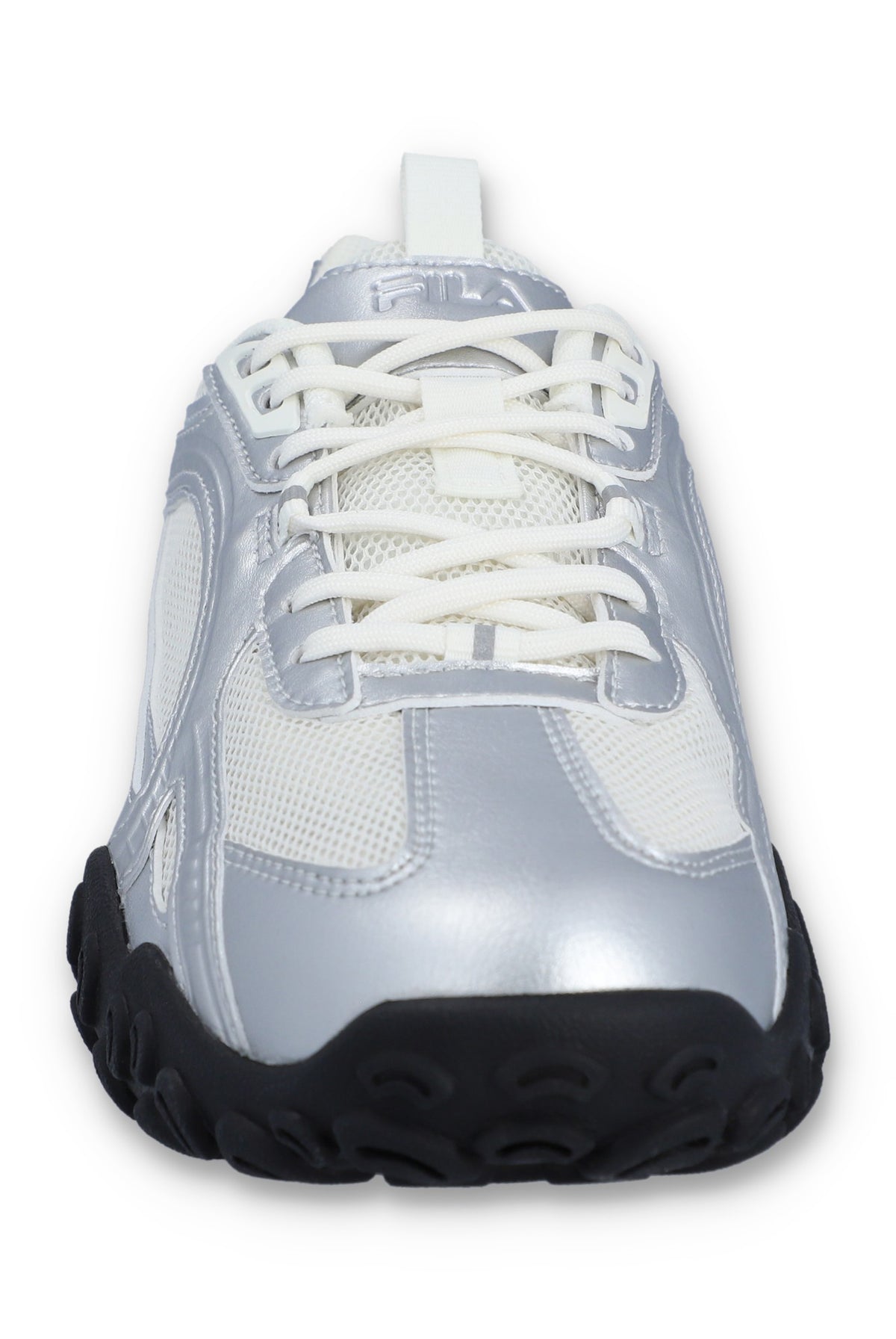 White and Silver athletic shoe with white laces on a white background