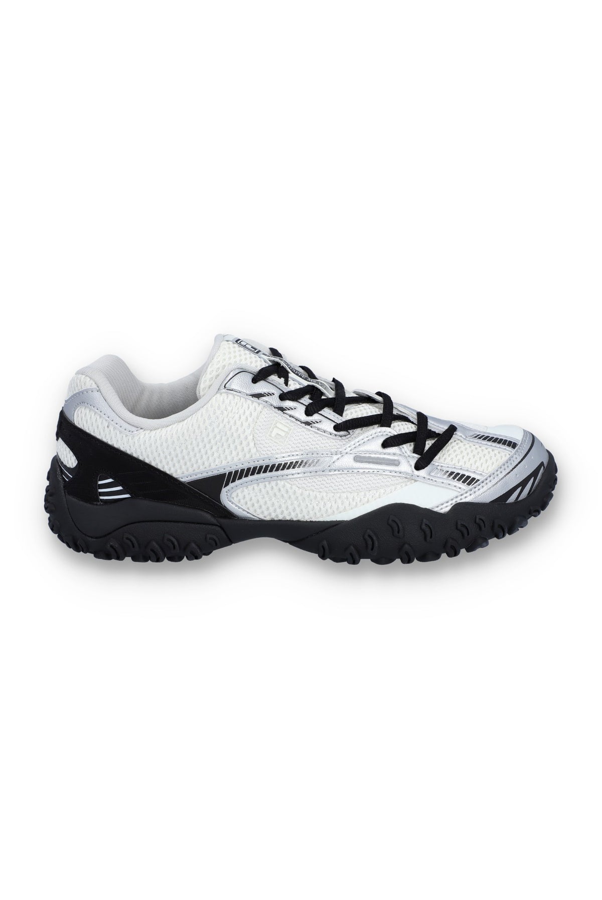 White athletic shoe with black sole on a white background