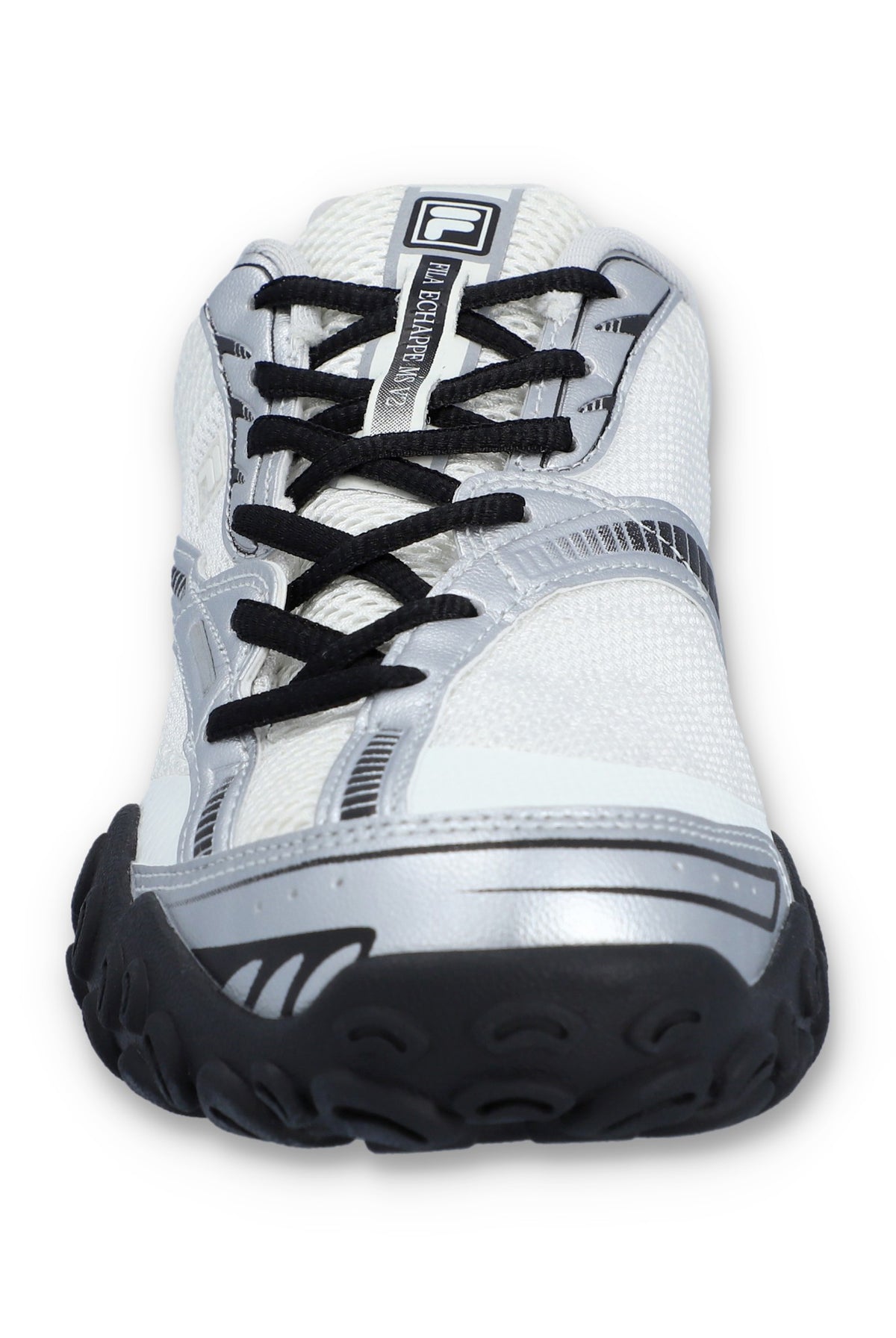 White athletic shoe with black laces and sole on a white background