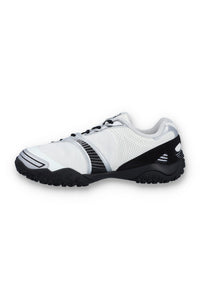 White and black athletic shoe on a white background