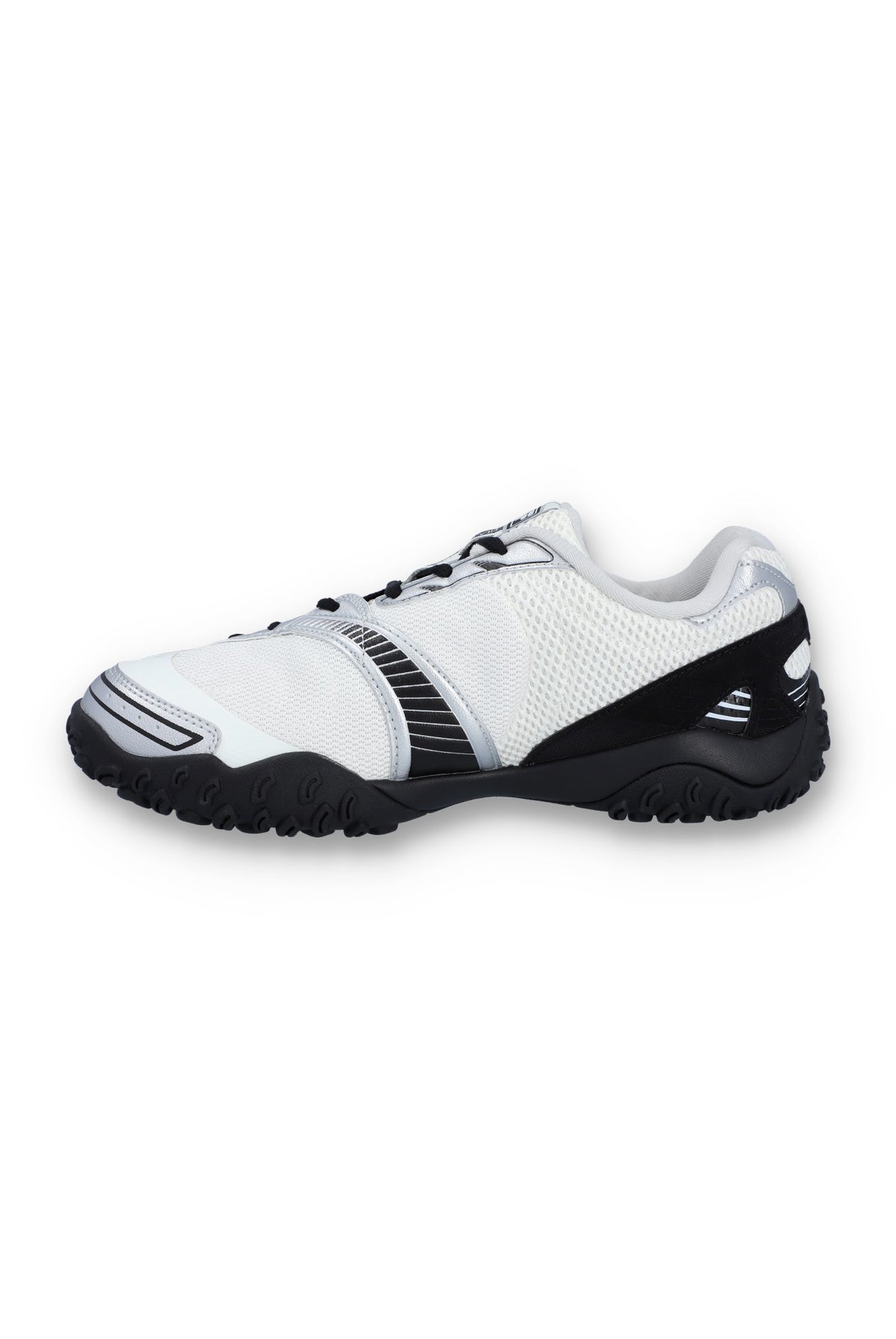 White and black athletic shoe on a white background
