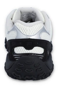 Back view of a sneaker with white and black design on a white background