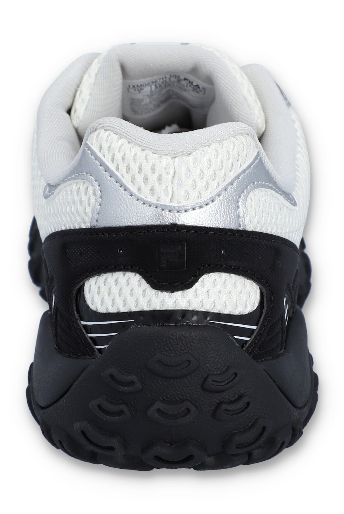 Back view of a sneaker with white and black design on a white background