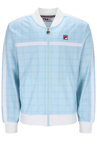 Light blue checkered jacket with white accents and FILA logo on a white background