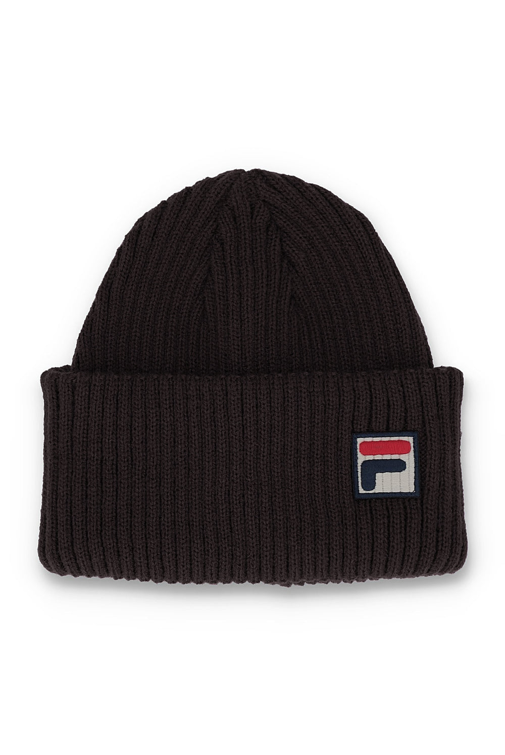 A black ribbed knit beanie hat featuring a small embroidered Fila logo patch on the front cuff, set against a plain white background.