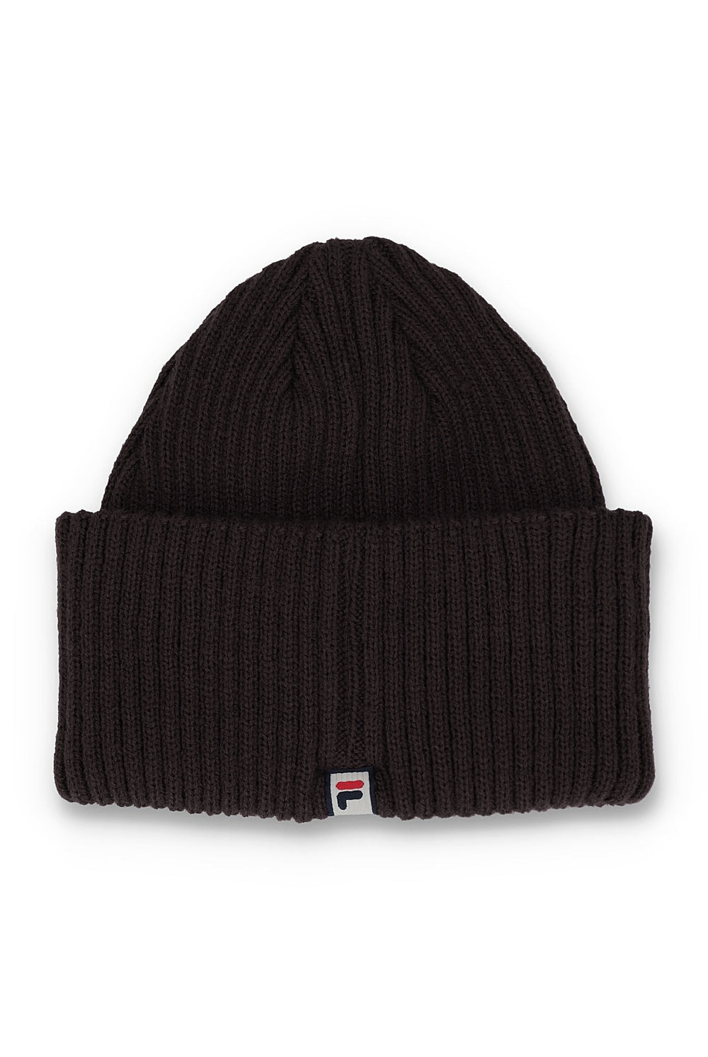 A black ribbed knit beanie hat with a small Fila logo patch on the front cuff, shown against a plain white background.