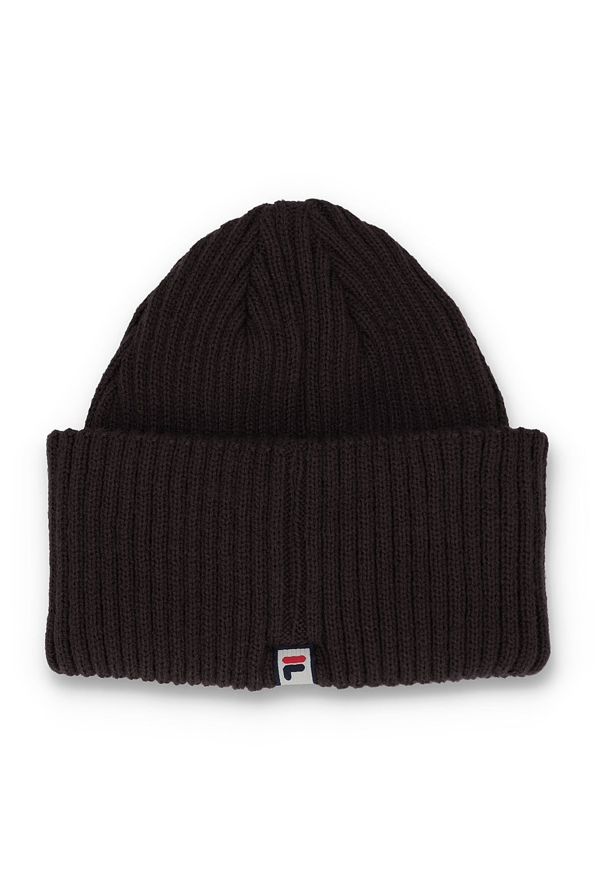 A black ribbed knit beanie hat with a small Fila logo patch on the front cuff, shown against a plain white background.