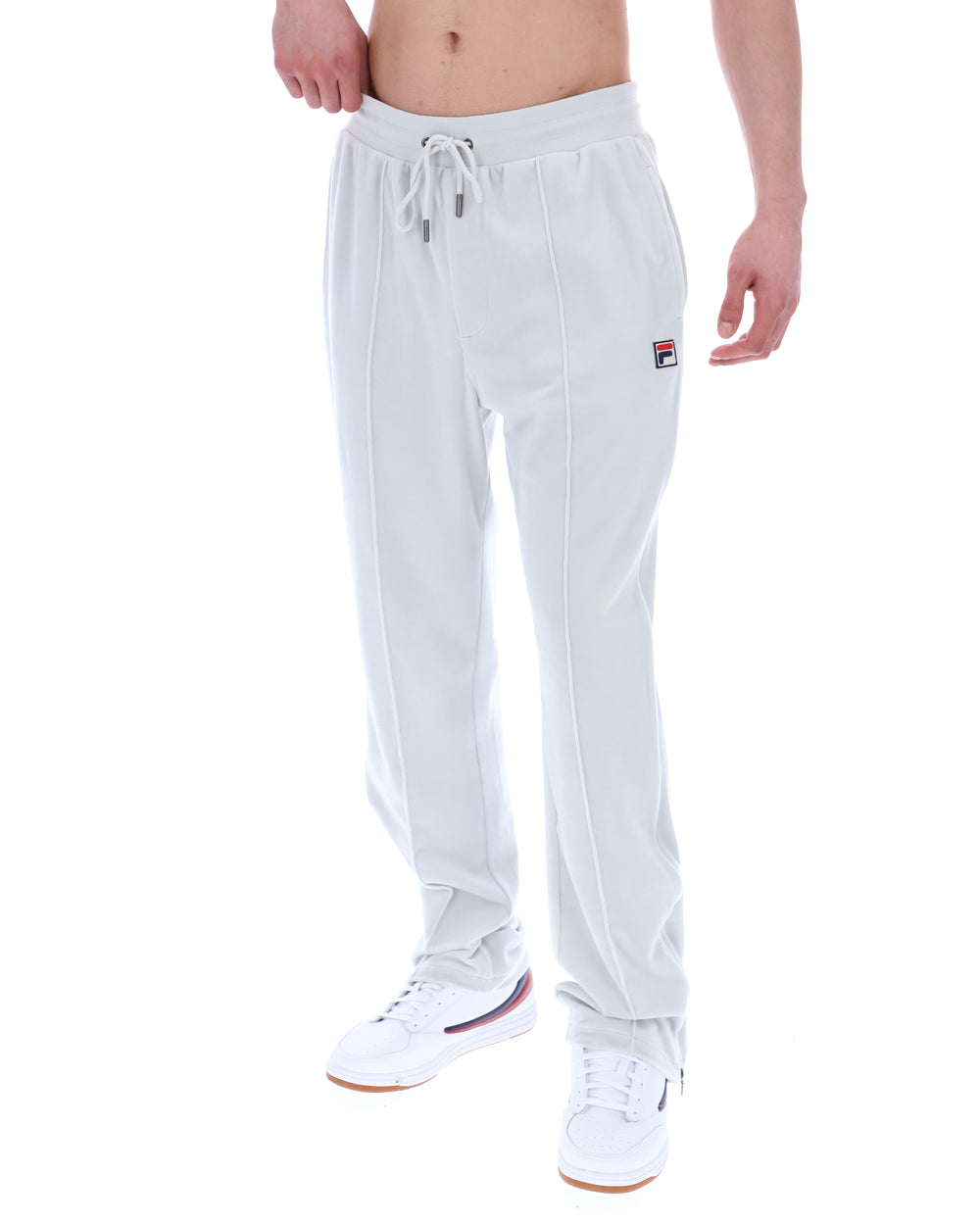 Light Grey jogger pants with a brand logo on a white background