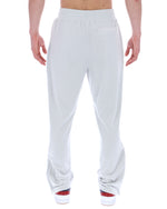 Light grey sweatpants worn by a person on a white background
