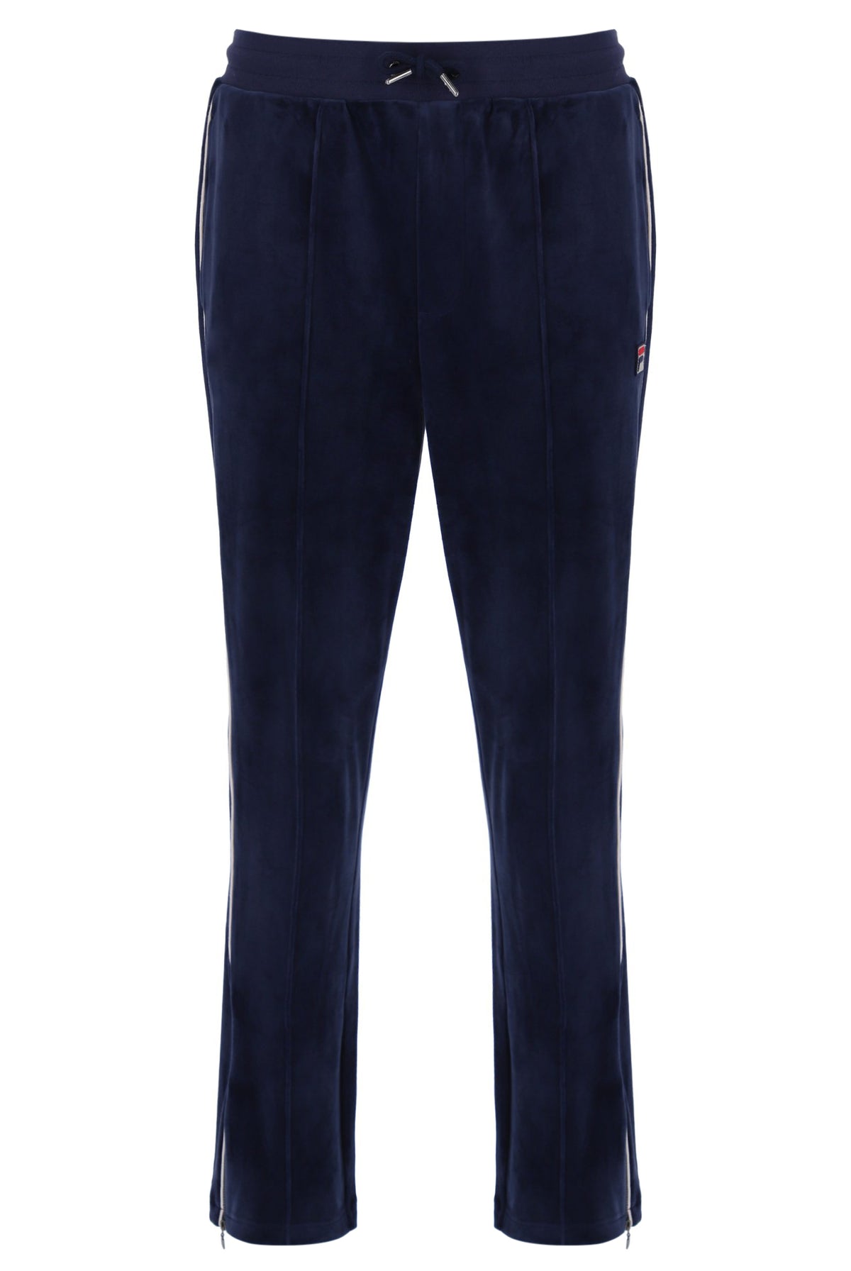 Navy blue sweatpants with a FILA logo, on a white background