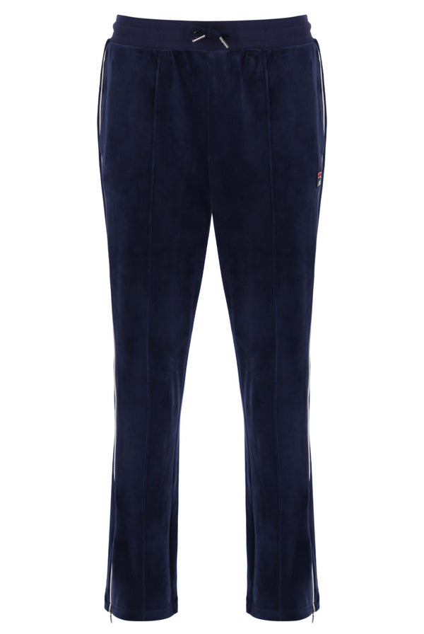 Navy blue sweatpants with a FILA logo, on a white background