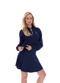 Displays a model wearing the Navy 'FILA' branded Fiorella 1/4 Zip Up Hoodie