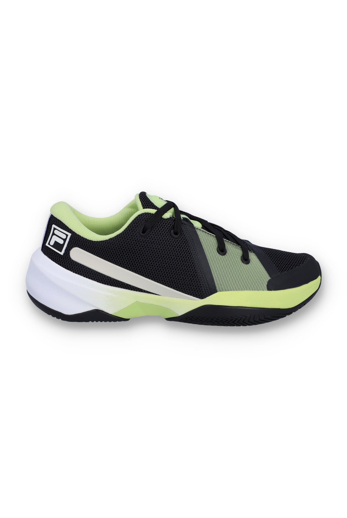 A pair of FILA Fire Ace trainers with black, green, and white colour scheme and the FILA logo visible on the side.