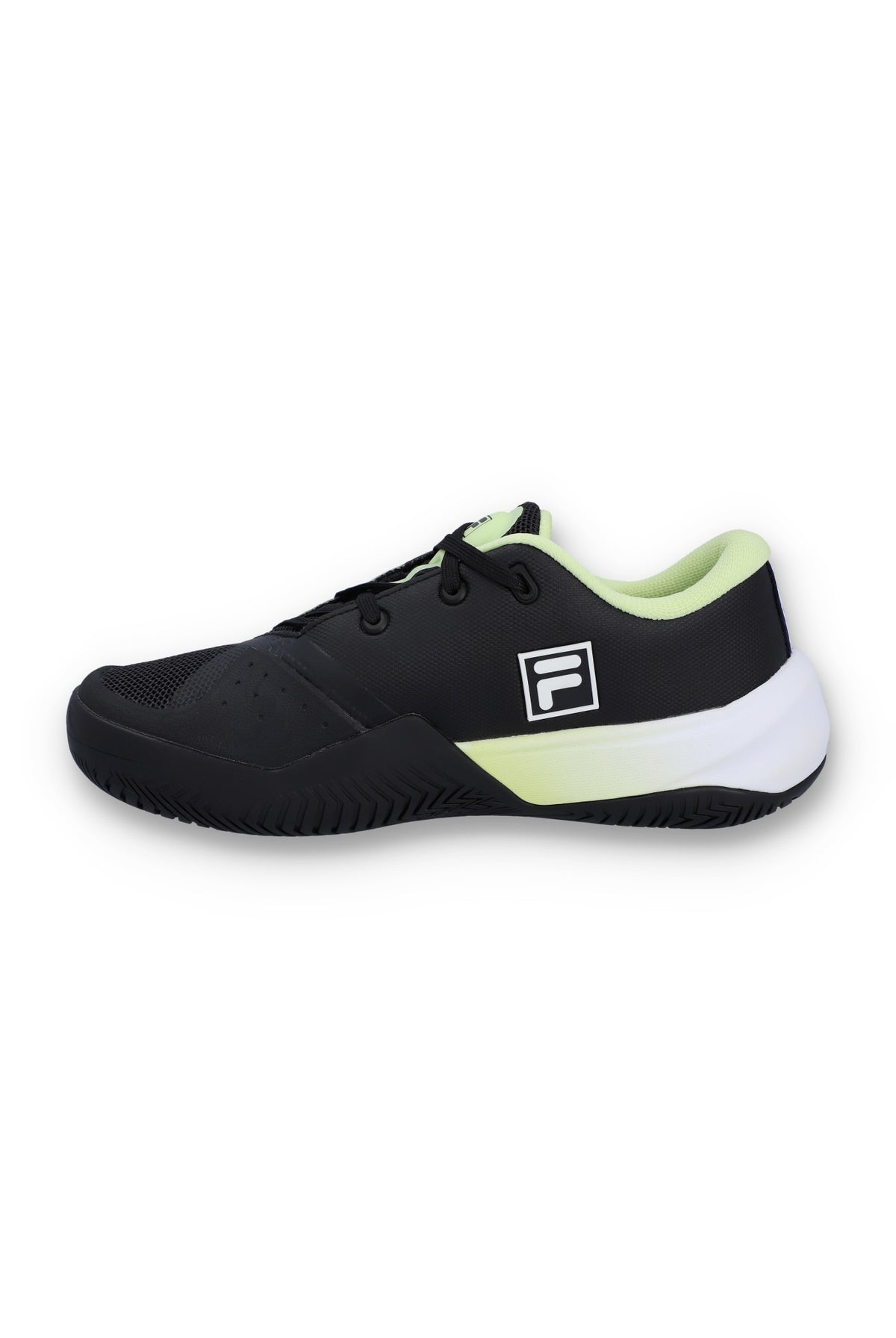 A pair of FILA Fire Ace trainers with black, green, and white colour scheme and the FILA logo visible on the side.