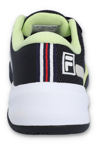 A pair of FILA Fire Ace trainers with black, green, and white colour scheme and the FILA logo visible on the side.