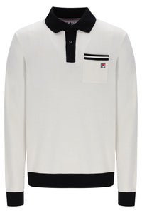 Displays the Gardenia & Black 'FILA' branded Francis Knitted Long Sleeve Polo