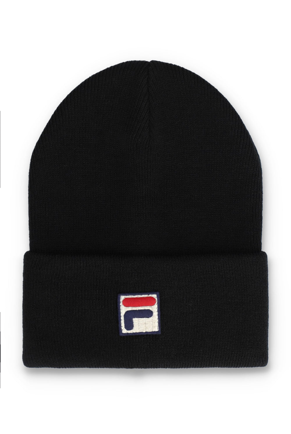 A black knit beanie hat featuring a small embroidered Fila logo patch on the front of the folded cuff, set against a plain white background.