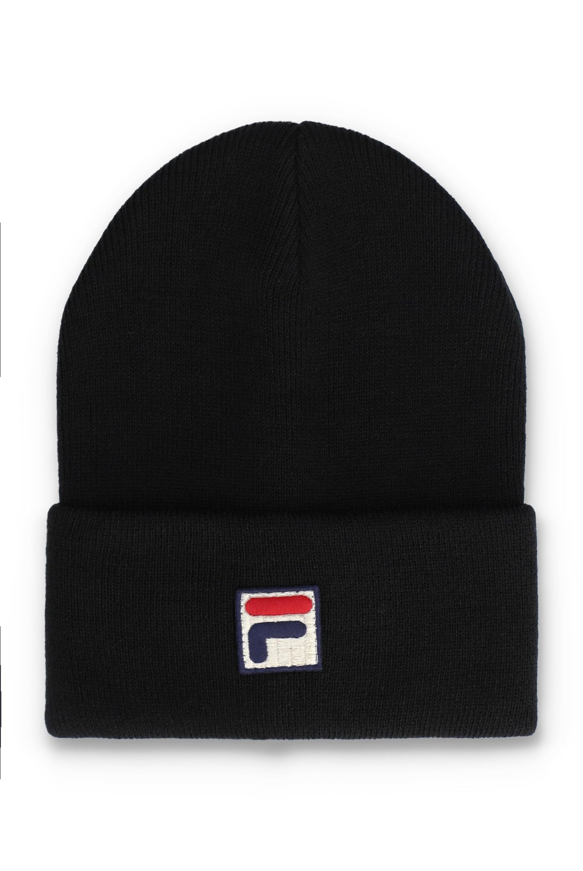 A black knit beanie hat featuring a small embroidered Fila logo patch on the front of the folded cuff, set against a plain white background.