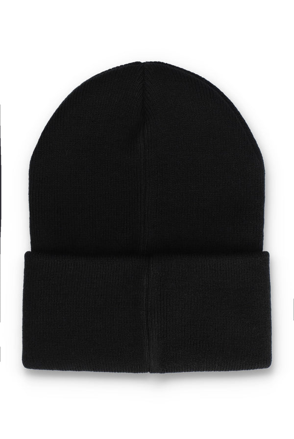 A classic black knit beanie hat with a folded cuff, shown flat against a plain white background.