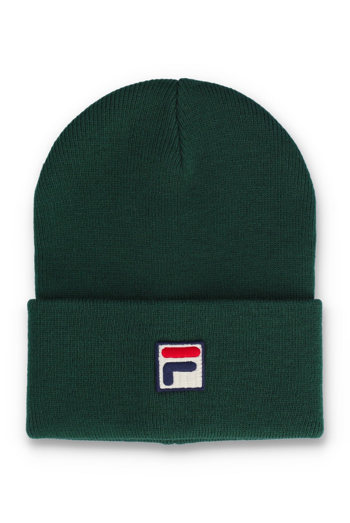 A dark green ribbed knit beanie hat with a folded cuff, featuring a small embroidered Fila logo patch on the front.
