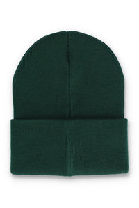 A dark forest green ribbed knit beanie hat, folded over at the bottom, shown against a plain white background.