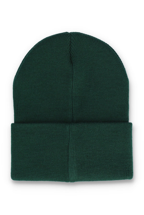 A dark forest green ribbed knit beanie hat, folded over at the bottom, shown against a plain white background.