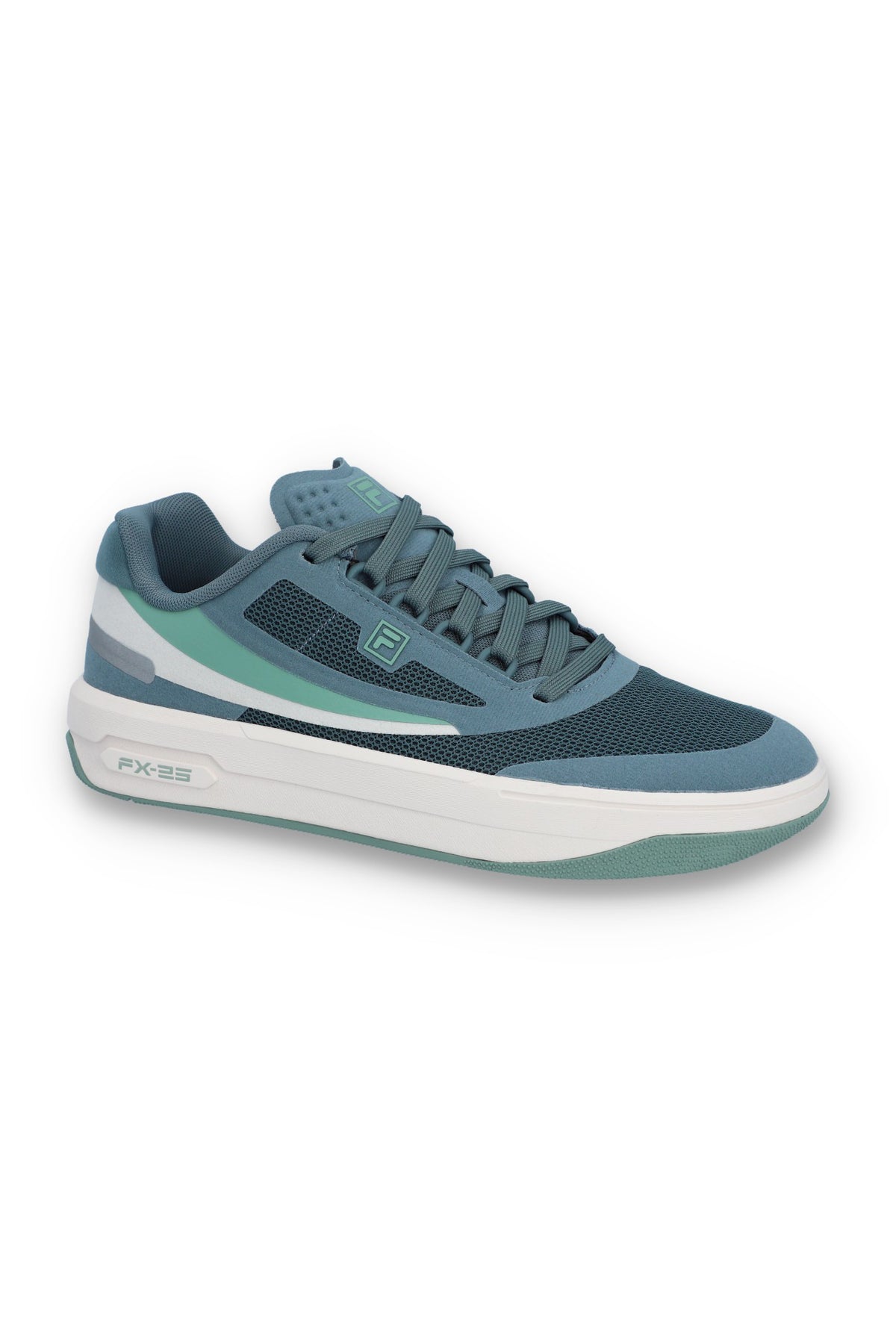 A pair of FILA FX-25 FILA TRAINER sneakers with a low-top design, primarily in green and blue colour tones, featuring the FILA logo on the side.