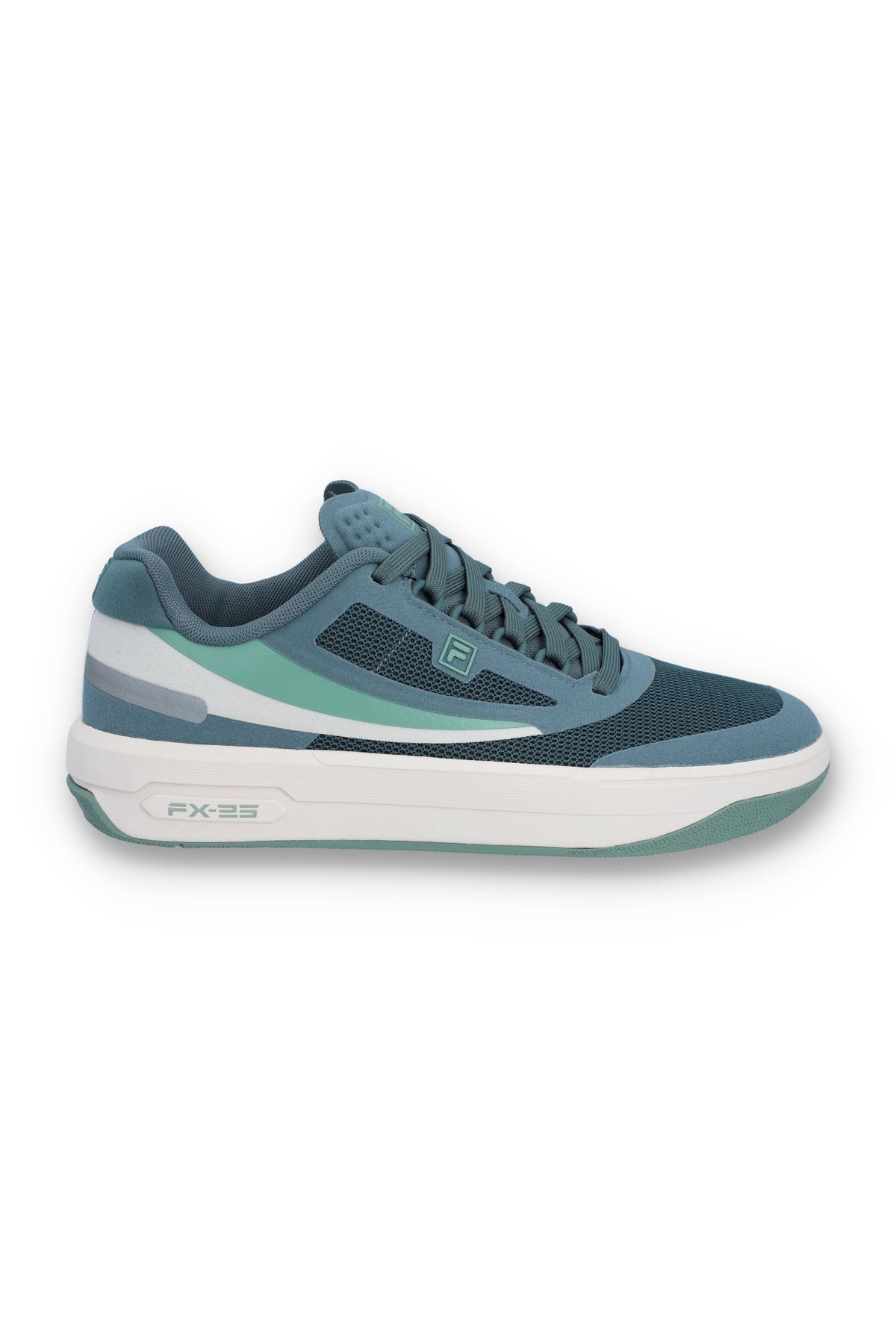 A pair of FILA FX-25 FILA TRAINER sneakers with a low-top design, primarily in green and blue colour tones, featuring the FILA logo on the side.