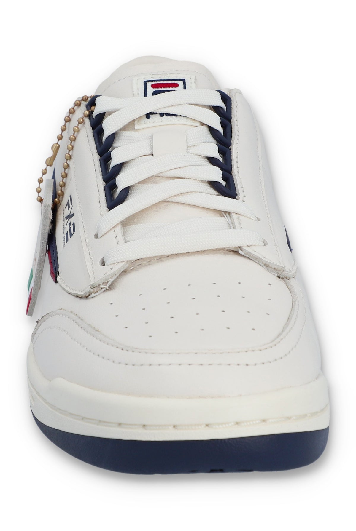 A pair of FILA FX 2 CASA TRAINER sneakers with white uppers, red, blue, and white laces, and red and navy blue detailing.