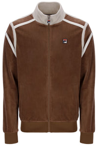 Brown jacket with white accents and a logo on a white background