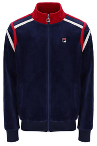 Navy tracksuit jacket with red and white accents, with a small FILA logo on the chest, against a white background