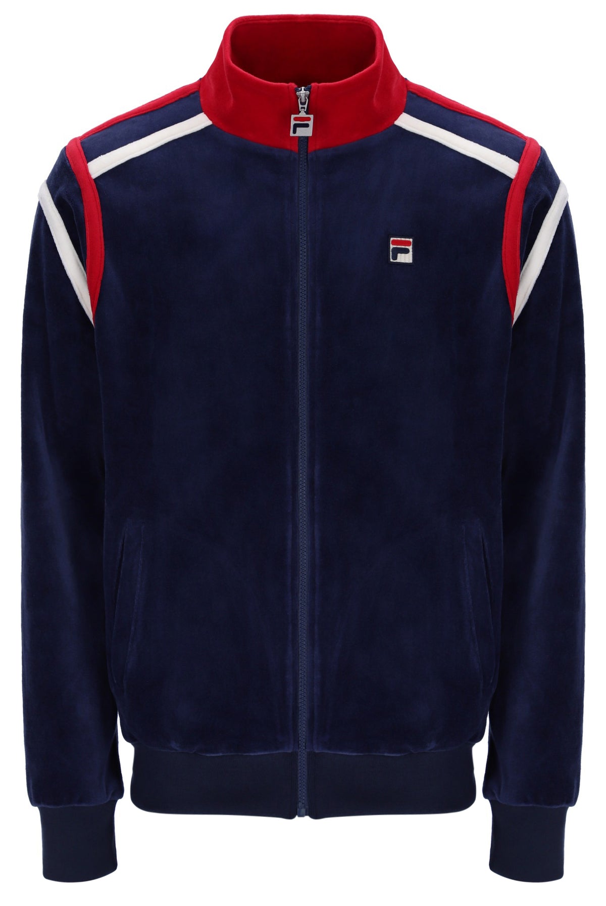 Navy tracksuit jacket with red and white accents, with a small FILA logo on the chest, against a white background