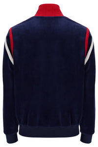 Navy blue jacket with red and white accents on a white background