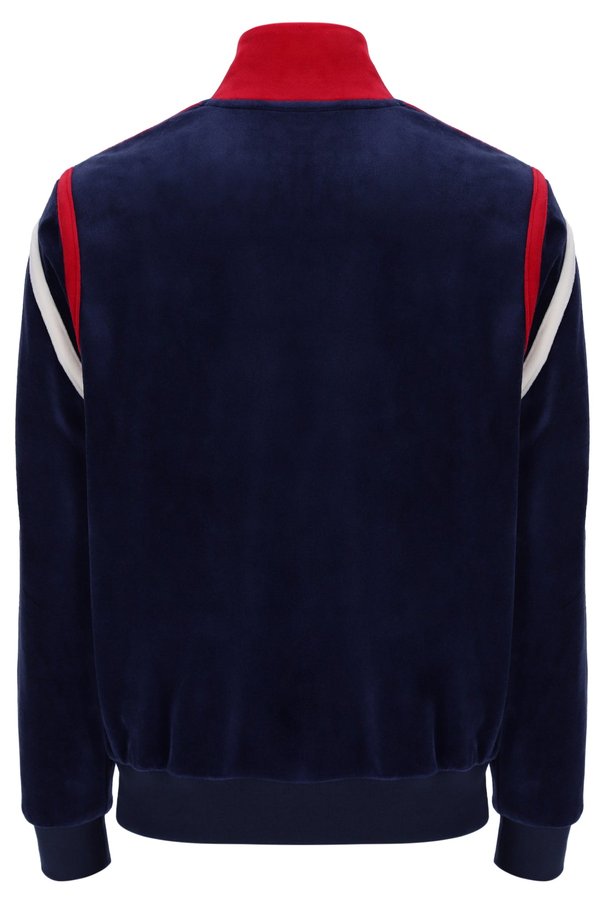 Navy blue jacket with red and white accents on a white background