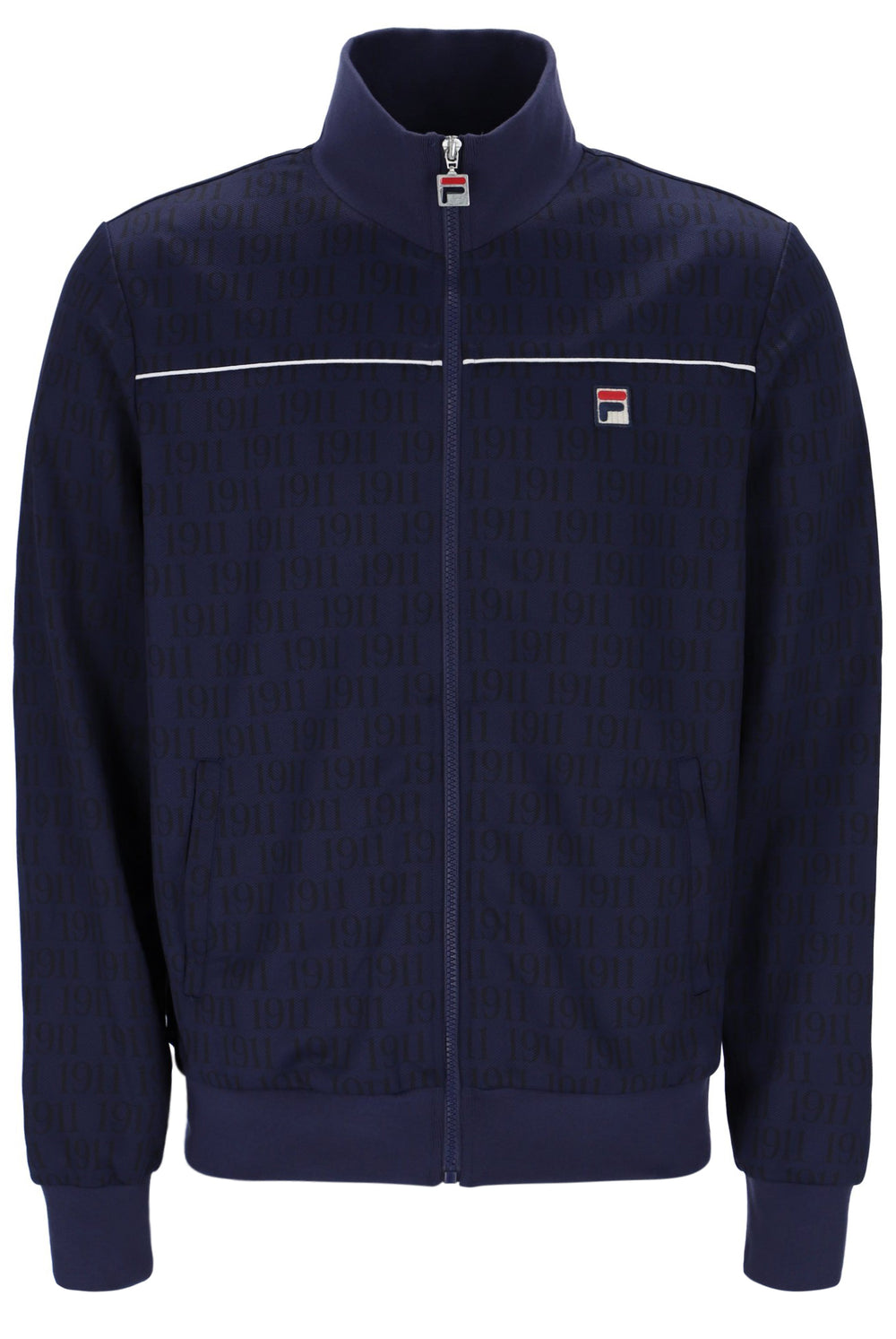 Navy blue jacket with a brand logo on a white background