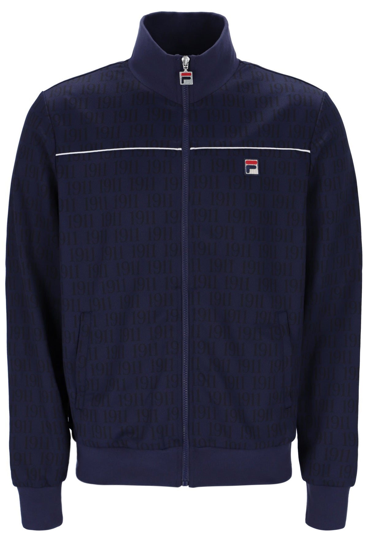 Navy blue jacket with a brand logo on a white background