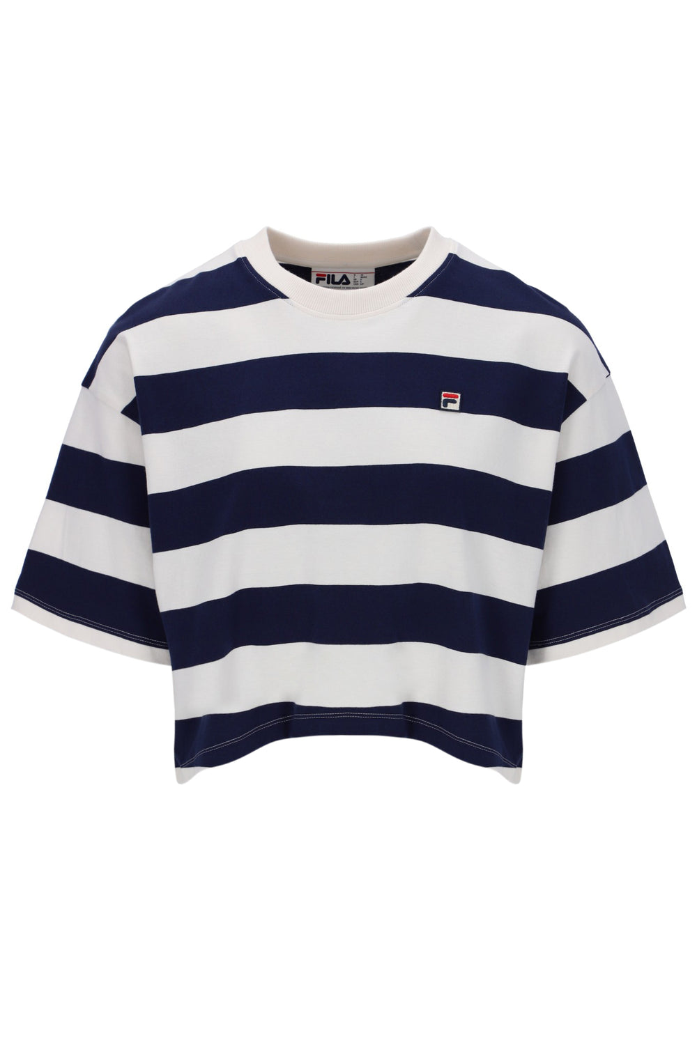 Navy and white striped t-shirt with Fila logo on a white background