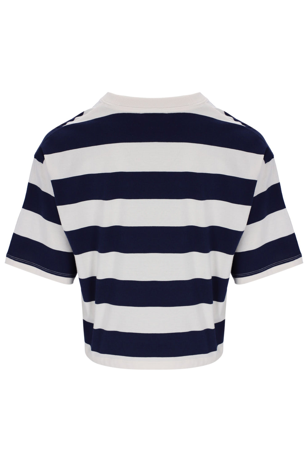 Navy and white striped t-shirt on a white background