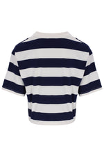 Navy and white striped t-shirt on a white background